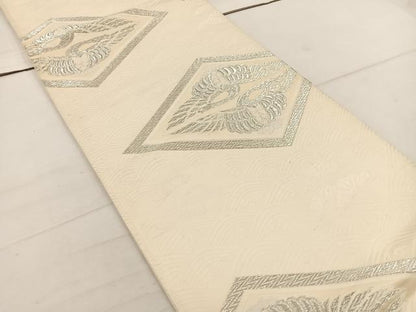 平和屋着物◎六通柄袋帯　唐織　双鶴　銀糸　正絹　逸品　BAAW1274mz