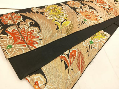 平和屋着物◎六通柄　本袋帯　更紗花文　黒地　金糸　BAAW1275mz