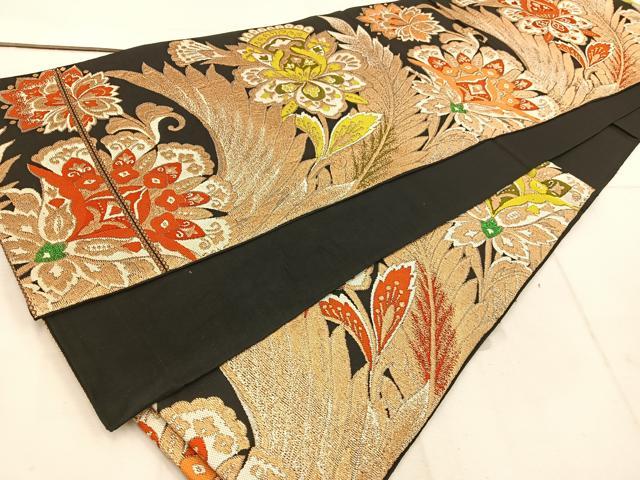 平和屋着物◎六通柄　本袋帯　更紗花文　黒地　金糸　BAAW1275mz