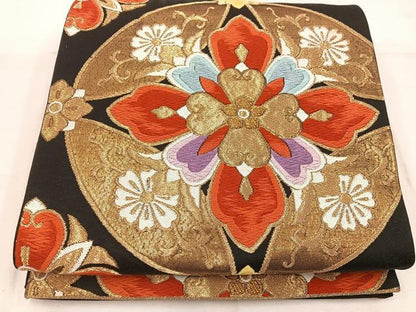 平和屋着物◎六通柄袋帯 唐織 花丸文 黒地 金糸 正絹 逸品 BAAW1280mz