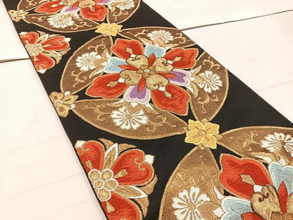 平和屋着物◎六通柄袋帯 唐織 花丸文 黒地 金糸 正絹 逸品 BAAW1280mz