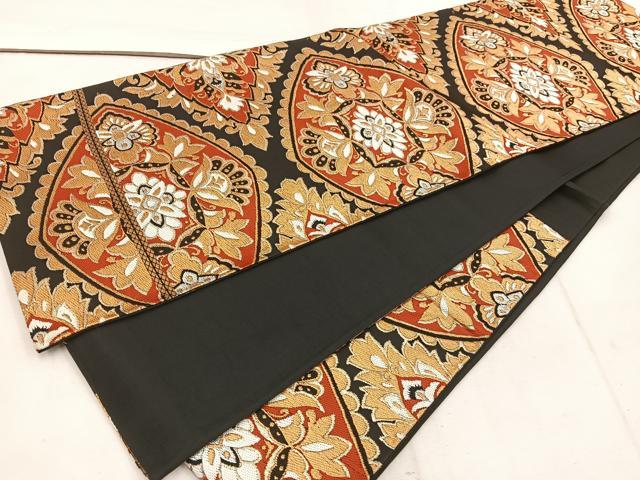 平和屋着物◎六通柄　京袋帯　更紗花文　黒地　金糸　正絹　逸品　BAAW1281mz