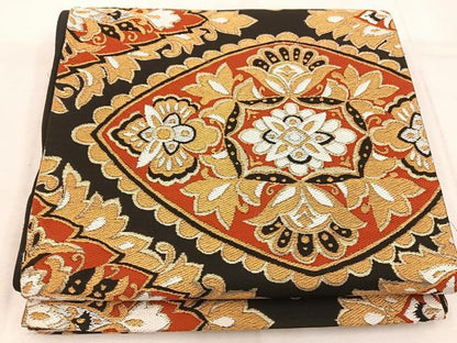 平和屋着物◎六通柄　京袋帯　更紗花文　黒地　金糸　正絹　逸品　BAAW1281mz