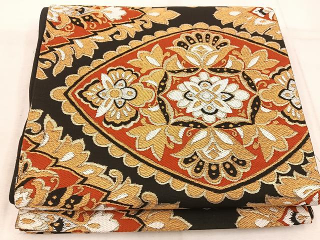 平和屋着物◎六通柄　京袋帯　更紗花文　黒地　金糸　正絹　逸品　BAAW1281mz