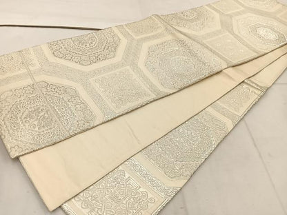 平和屋着物◎六通柄袋帯　幾何学花文　銀糸　正絹　逸品　BAAW1283mz