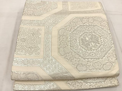 平和屋着物◎六通柄袋帯　幾何学花文　銀糸　正絹　逸品　BAAW1283mz