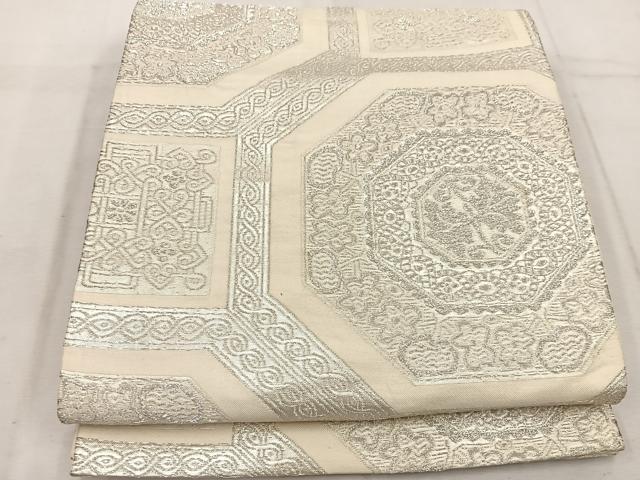 平和屋着物◎六通柄袋帯　幾何学花文　銀糸　正絹　逸品　BAAW1283mz