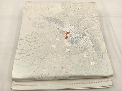 平和屋着物◎六通柄袋帯　刺繍　鳳凰花文　銀糸　引箔　正絹　逸品　BAAW1306mz