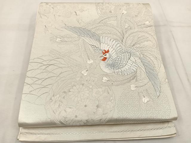 平和屋着物◎六通柄袋帯　刺繍　鳳凰花文　銀糸　引箔　正絹　逸品　BAAW1306mz