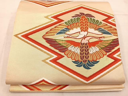 平和屋着物◎六通柄袋帯　唐織　松皮菱双鶴文　金銀糸　正絹　逸品　BAAW1330mz