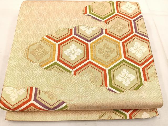 平和屋着物◎六通柄袋帯　　唐織　亀甲花文　金糸　正絹　逸品　BAAW1332mz