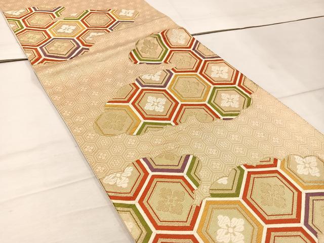 平和屋着物◎六通柄袋帯　　唐織　亀甲花文　金糸　正絹　逸品　BAAW1332mz