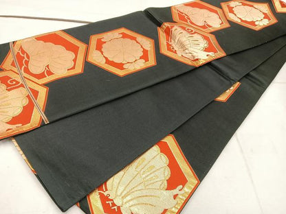 平和屋着物◎六通柄袋帯　亀甲花蝶文　黒地　金糸　正絹　逸品　BAAW1336mz