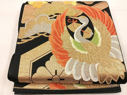 平和屋着物◎六通柄袋帯　唐織　飛鶴花文　黒地　金銀糸　正絹　逸品　BAAW1338mz