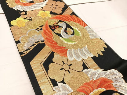 平和屋着物◎六通柄袋帯　唐織　飛鶴花文　黒地　金銀糸　正絹　逸品　BAAW1338mz