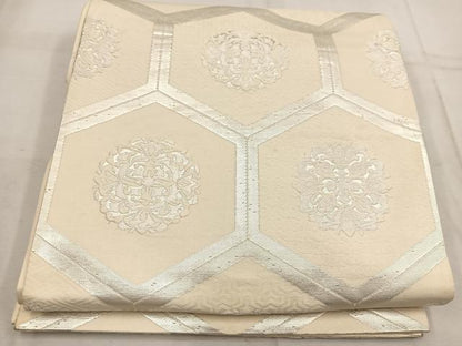 平和屋着物◎六通柄袋帯　唐織　亀甲花文　銀糸　正絹　逸品　BAAW1353mz