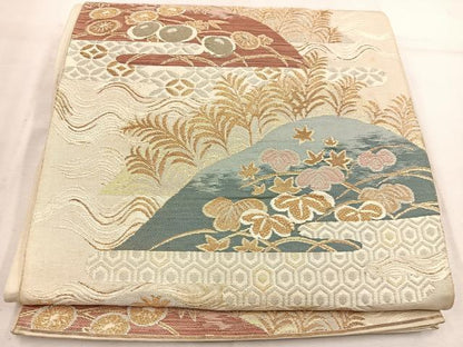 平和屋着物◎六通柄袋帯　遠山花文　金銀糸　正絹　逸品　BAAW1360mz