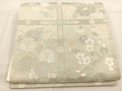 平和屋着物◎六通柄袋帯　牡丹花文　銀糸　正絹　逸品　BAAW1369mz