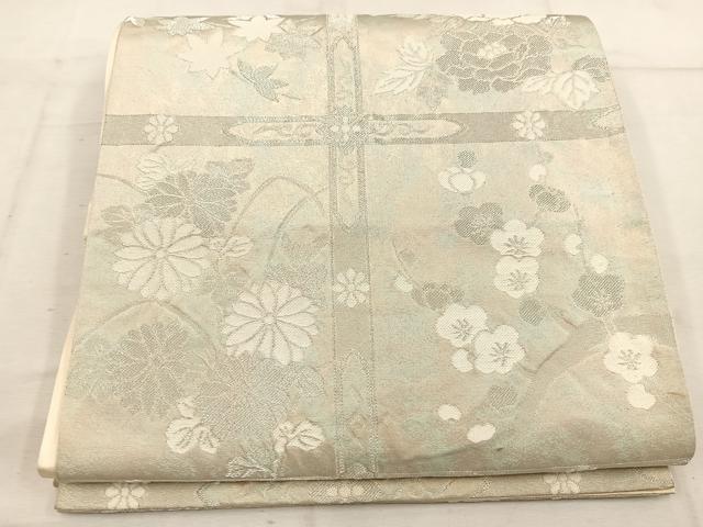 平和屋着物◎六通柄袋帯　牡丹花文　銀糸　正絹　逸品　BAAW1369mz