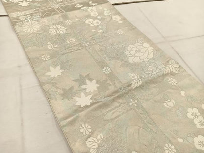 平和屋着物◎六通柄袋帯　牡丹花文　銀糸　正絹　逸品　BAAW1369mz