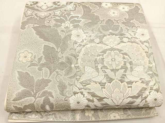 平和屋着物◎六通柄袋帯　唐織　九百錦　孔雀花文　プラチナ箔　正絹　逸品　BAAW1370mz