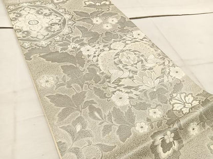 平和屋着物◎六通柄袋帯　唐織　九百錦　孔雀花文　プラチナ箔　正絹　逸品　BAAW1370mz
