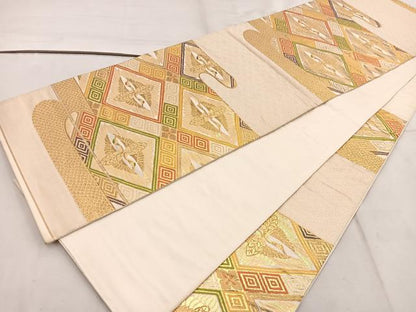 平和屋着物◎六通柄袋帯　みかげ　双鶴　金糸　正絹　逸品　BAAW1371mz