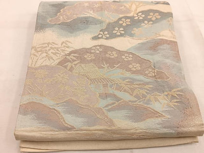 平和屋着物◎六通柄袋帯　風景花文　金糸　正絹　逸品　BAAW1374mz