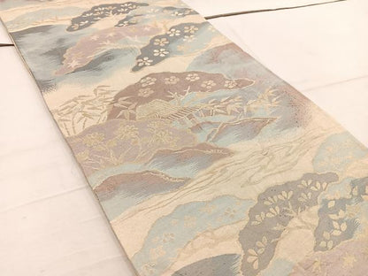 平和屋着物◎六通柄袋帯　風景花文　金糸　正絹　逸品　BAAW1374mz