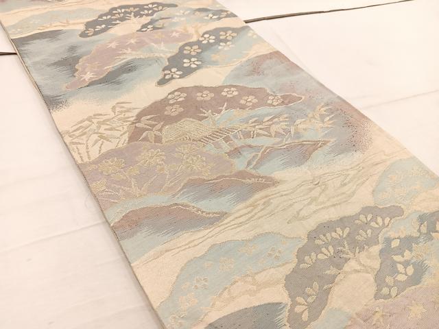 平和屋着物◎六通柄袋帯　風景花文　金糸　正絹　逸品　BAAW1374mz