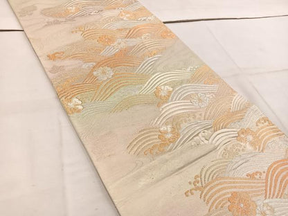 平和屋着物◎六通柄袋帯　立波花文　金銀糸　正絹　逸品　BAAW1375mz