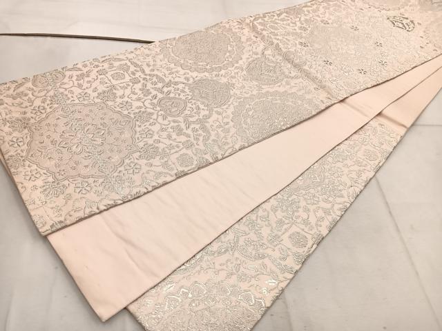 平和屋着物◎六通柄袋帯　正倉院花文　銀糸　正絹　逸品　BAAW1391mz