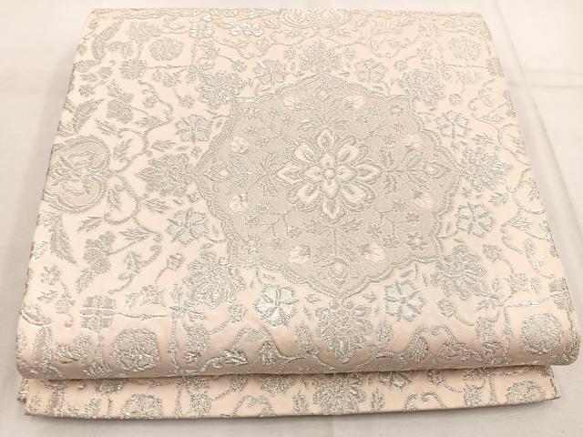平和屋着物◎六通柄袋帯　正倉院花文　銀糸　正絹　逸品　BAAW1391mz