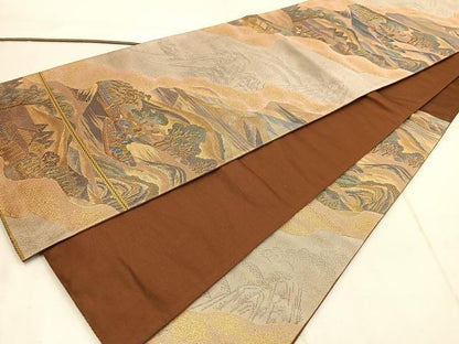 平和屋着物◎六通柄袋帯　人物風景文　金糸　正絹　逸品　BAAW1426mz
