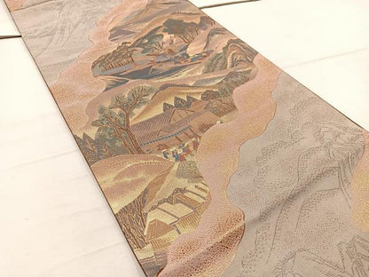 平和屋着物◎六通柄袋帯　人物風景文　金糸　正絹　逸品　BAAW1426mz