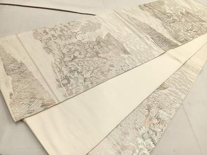 平和屋着物◎太鼓柄袋帯　古京錦　樹林風景文　二重引箔　銀糸　正絹　逸品　BAAW1440mz