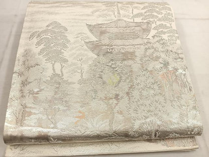平和屋着物◎太鼓柄袋帯　古京錦　樹林風景文　二重引箔　銀糸　正絹　逸品　BAAW1440mz