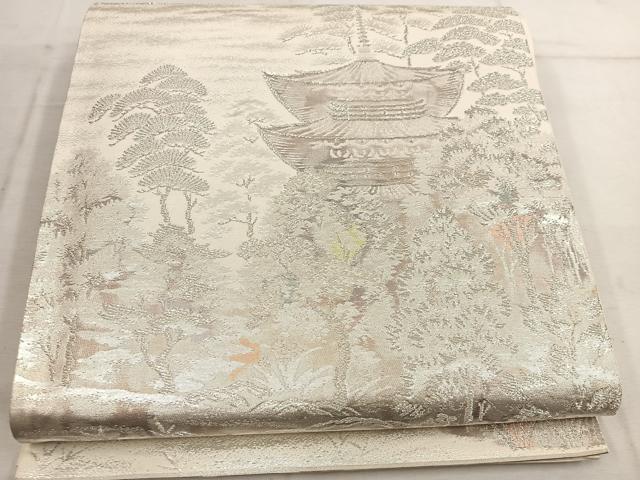平和屋着物◎太鼓柄袋帯　古京錦　樹林風景文　二重引箔　銀糸　正絹　逸品　BAAW1440mz