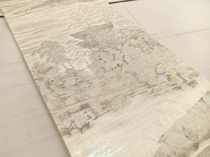 平和屋着物◎太鼓柄袋帯　古京錦　樹林風景文　二重引箔　銀糸　正絹　逸品　BAAW1440mz