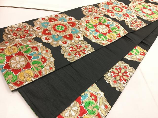 平和屋着物◎六通柄袋帯　唐織　正倉院　黒地　金糸　正絹　逸品　BAAW1441mz