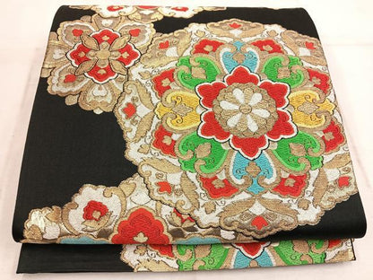 平和屋着物◎六通柄袋帯　唐織　正倉院　黒地　金糸　正絹　逸品　BAAW1441mz