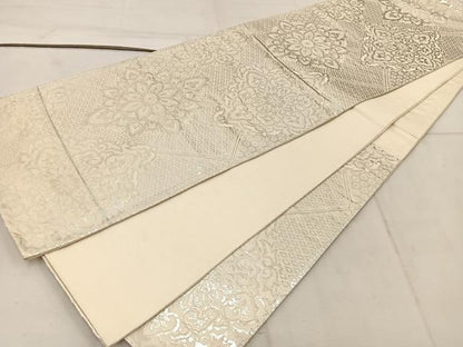 平和屋着物◎六通柄袋帯 草花文 銀糸 正絹 逸品 BAAW1461mz