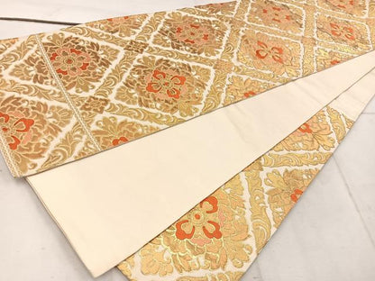 平和屋着物◎西陣　服部織物謹製　六通柄袋帯　唐織　松風　草花文　金糸　正絹　逸品　BAAW1462mz