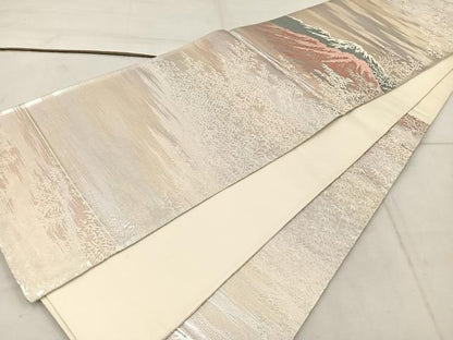 平和屋着物◎六通柄袋帯 遠山文 銀糸 正絹 逸品 BAAW1463mz
