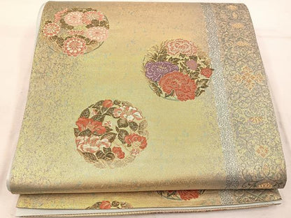 平和屋着物◎六通柄袋帯 唐織 草花丸文 金糸 引箔 正絹 逸品 BAAW1464mz