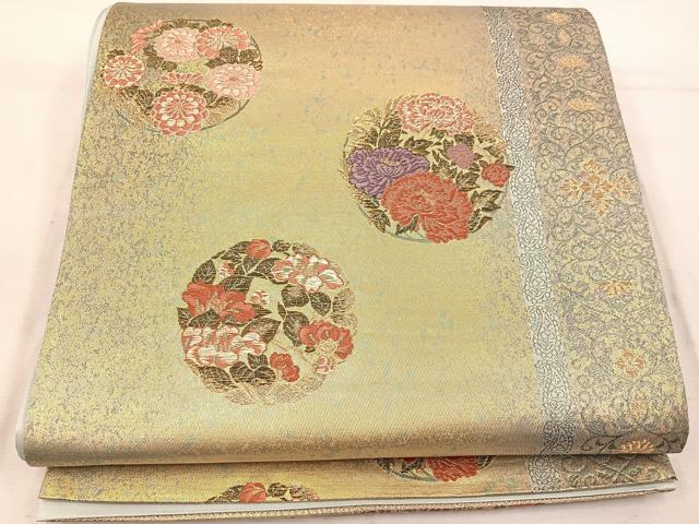 平和屋着物◎六通柄袋帯 唐織 草花丸文 金糸 引箔 正絹 逸品 BAAW1464mz