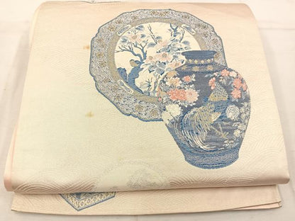 平和屋着物◎六通柄袋帯 唐織 陶器花鳥文 金糸 正絹 逸品 BAAW1465mz