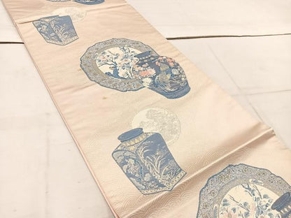 平和屋着物◎六通柄袋帯 唐織 陶器花鳥文 金糸 正絹 逸品 BAAW1465mz