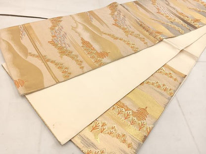 平和屋着物◎六通柄袋帯 風景文 金糸 正絹 逸品 BAAW1478mz