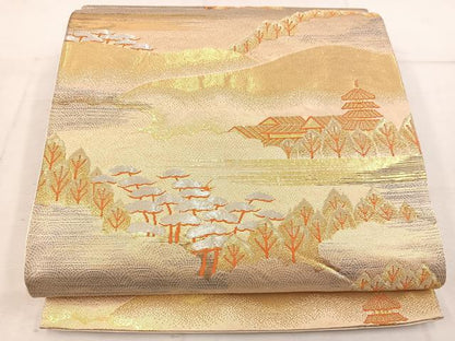 平和屋着物◎六通柄袋帯 風景文 金糸 正絹 逸品 BAAW1478mz